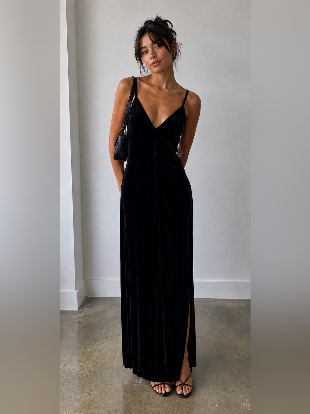 Vintage Y2k Victoria Secret Small Black Velveteen V Neck High Slit Maxi Dress